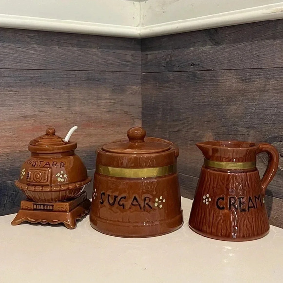 Vintage FredRoberts Company Made in Japan Brown Creamer Mustard and Sugar set - Picture 1 of 7